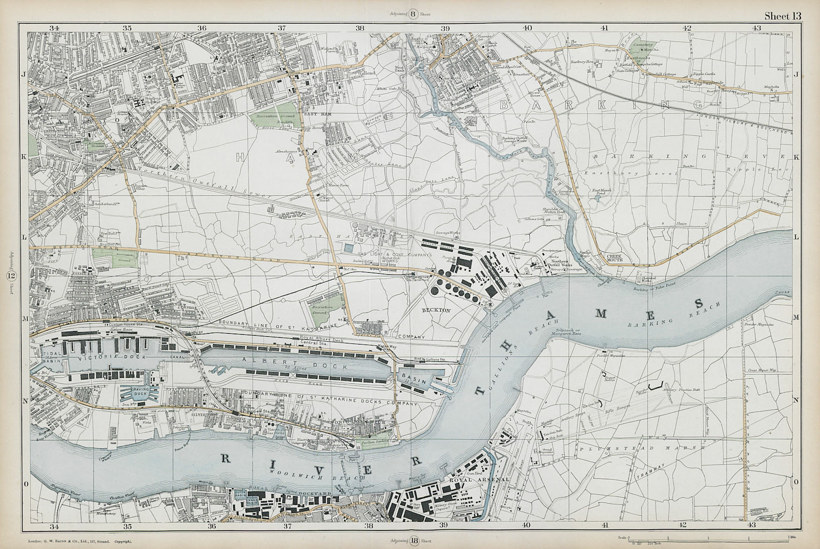 WEST/EAST HAM & BARKING Plaistow Woolwich Thamesmead Beckton. BACON  1906 map