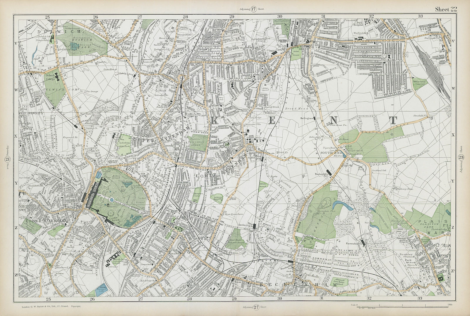 LONDON Sydenham Penge Beckenham Catford Norwood Dulwich Lewisham BACON  1906 map