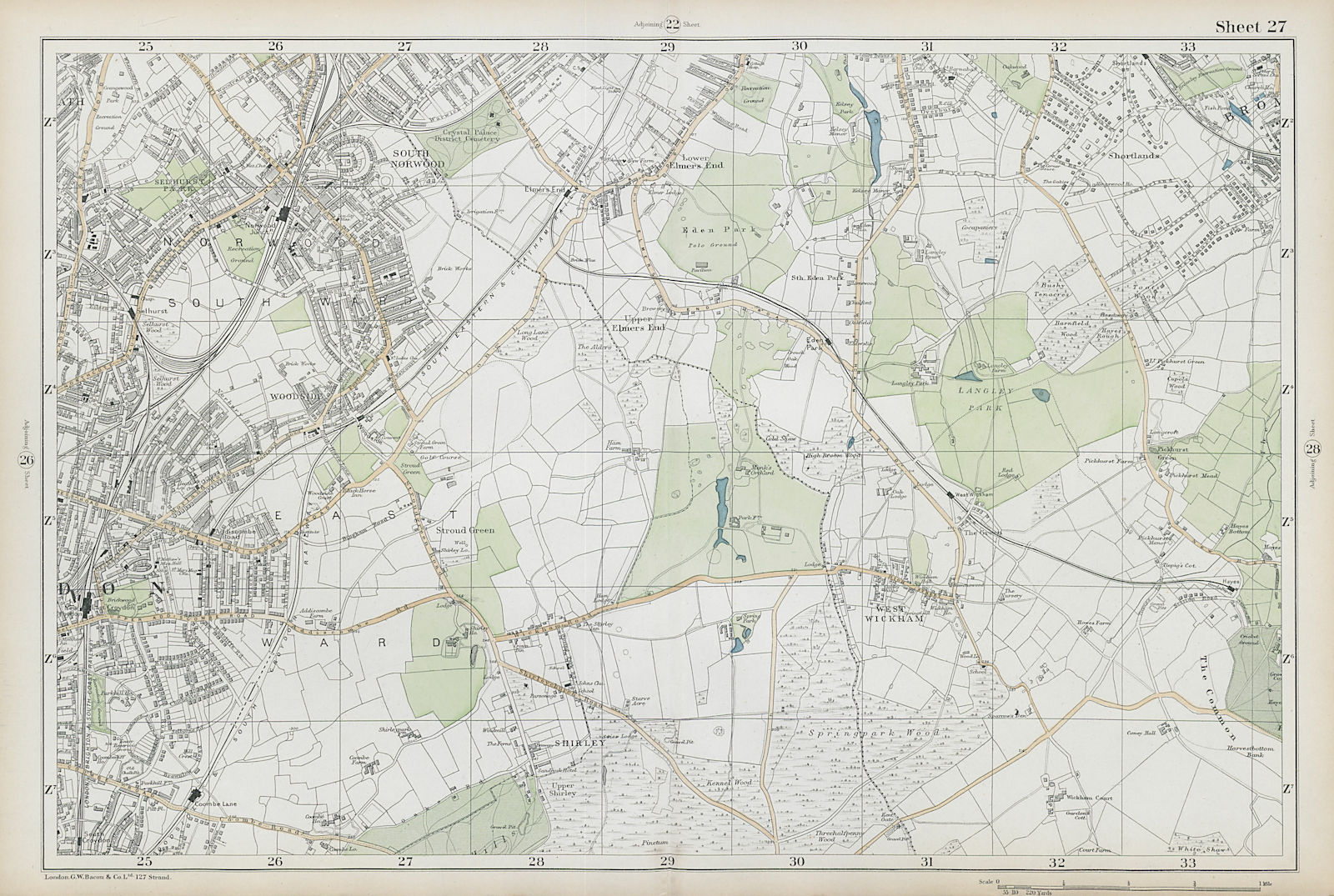 CROYDON Beckenham Woodside W Wickham Elmers End Norwood Hayes. BACON  1906 map