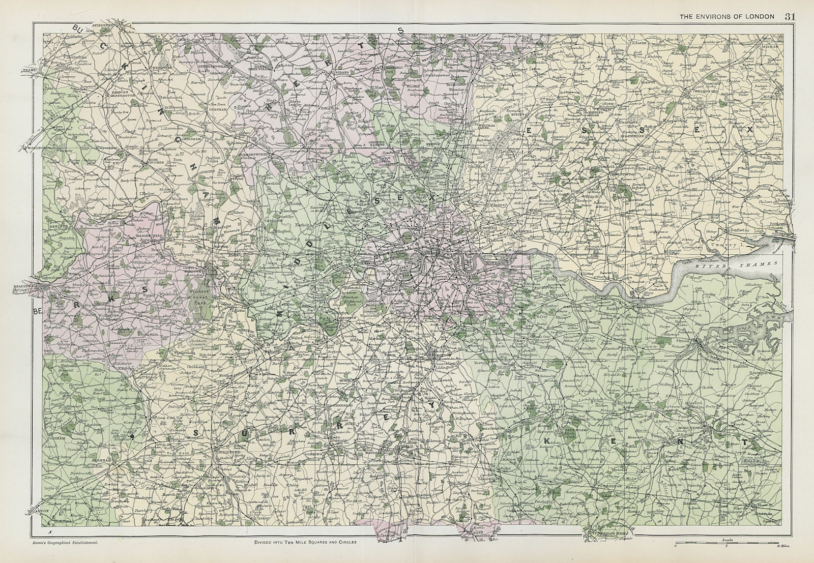 Associate Product LONDON & HOME COUNTIES.Middx Essex Kent Surrey Berks Bucks Herts.BACON 1906 map