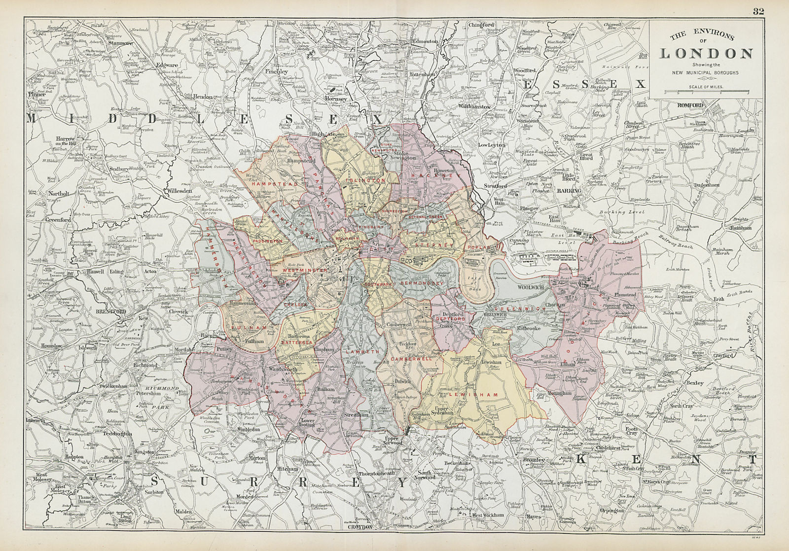 GREATER LONDON ENVIRONS. Showing new Municipal Boroughs. BACON 1906 old map