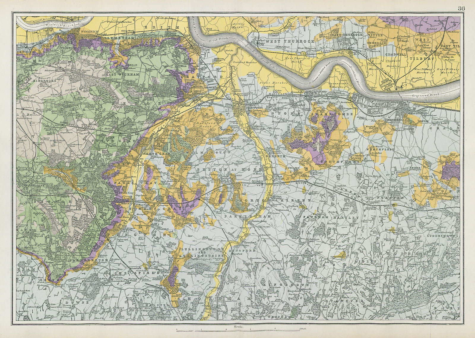 Associate Product SOUTH EAST LONDON GEOLOGICAL Kent Greenwich Bexley Bromley &c. BACON 1906 map