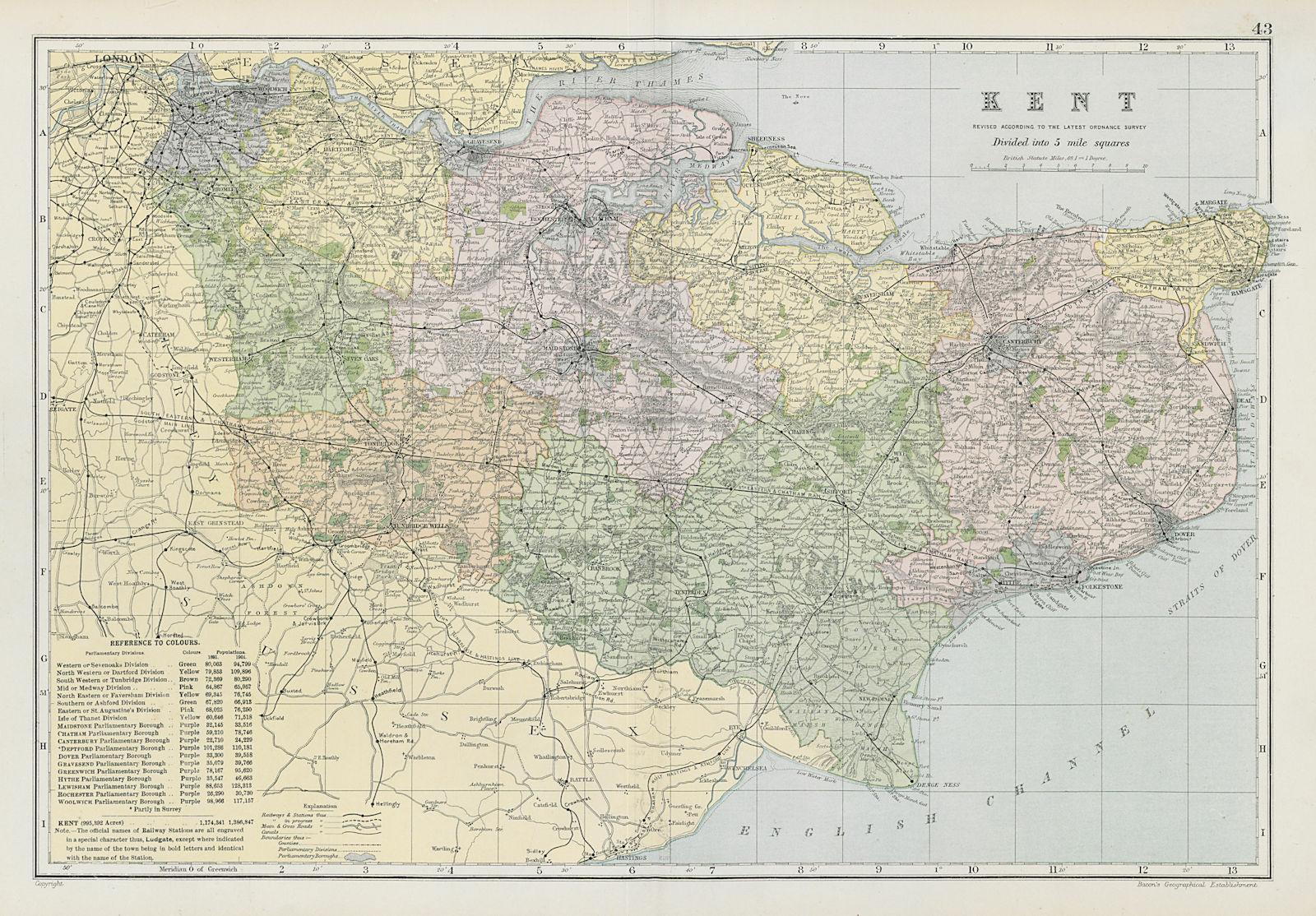 KENT county map. Parliamentary constituencies divisions. Railways. BACON 1906