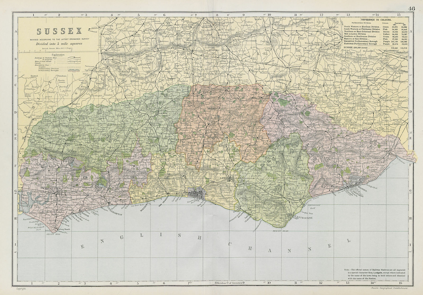 Associate Product SUSSEX county map. Parliamentary constituencies divisions. Railways. BACON 1906