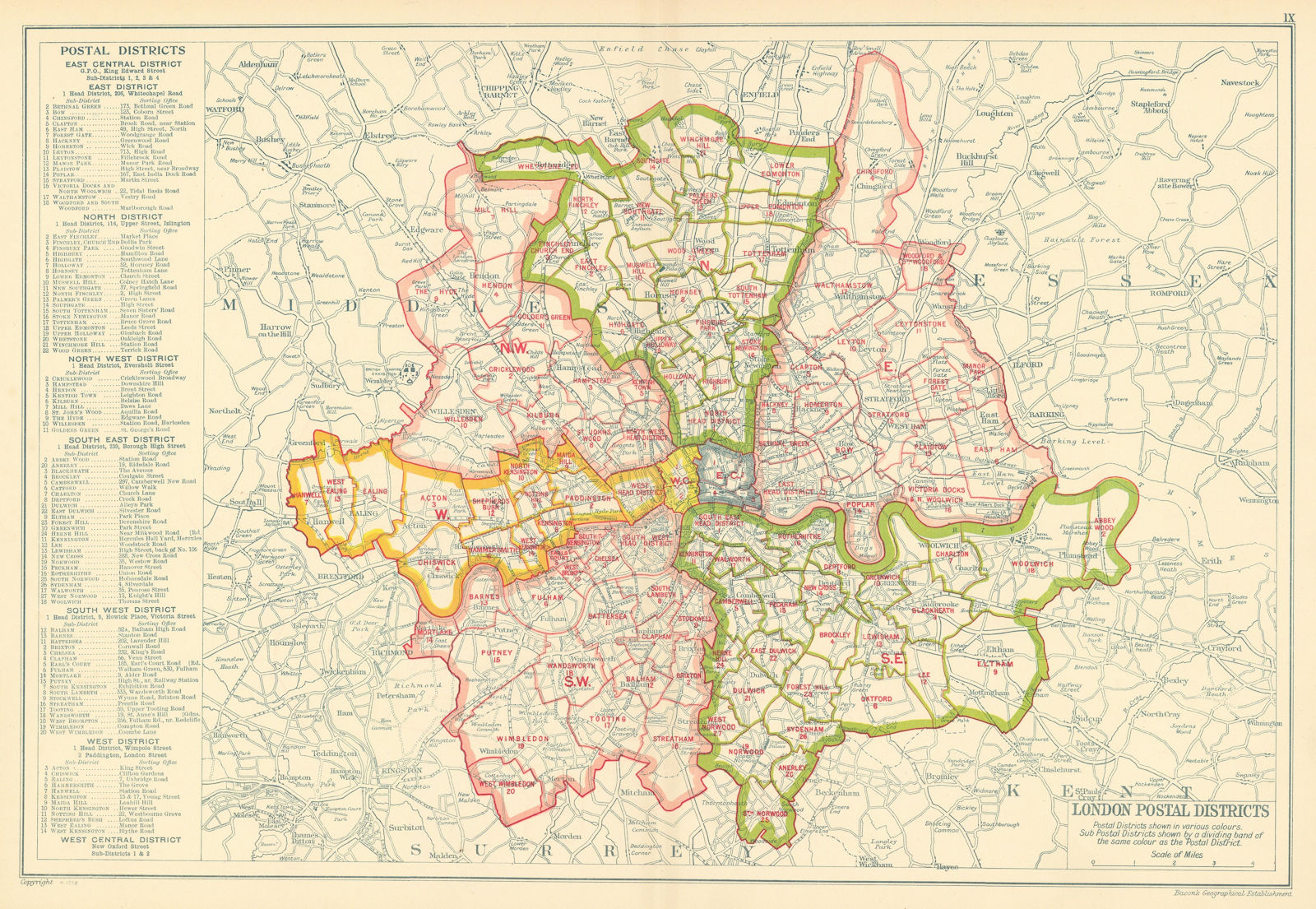 Associate Product LONDON POSTAL DISTRICTS. Post code areas. N NW W SW SE E. BACON 1923 old map