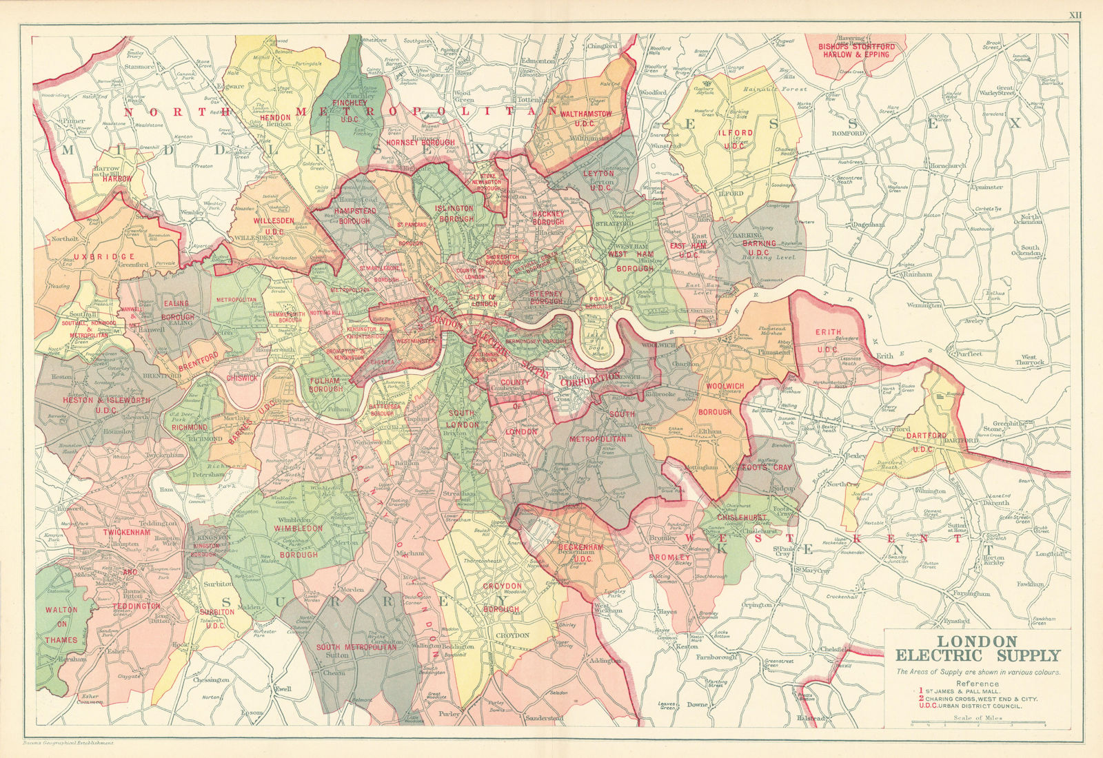 LONDON ELECTRICITY SUPPLY areas. Corporation. Metropolitan. BACON 1923 old map