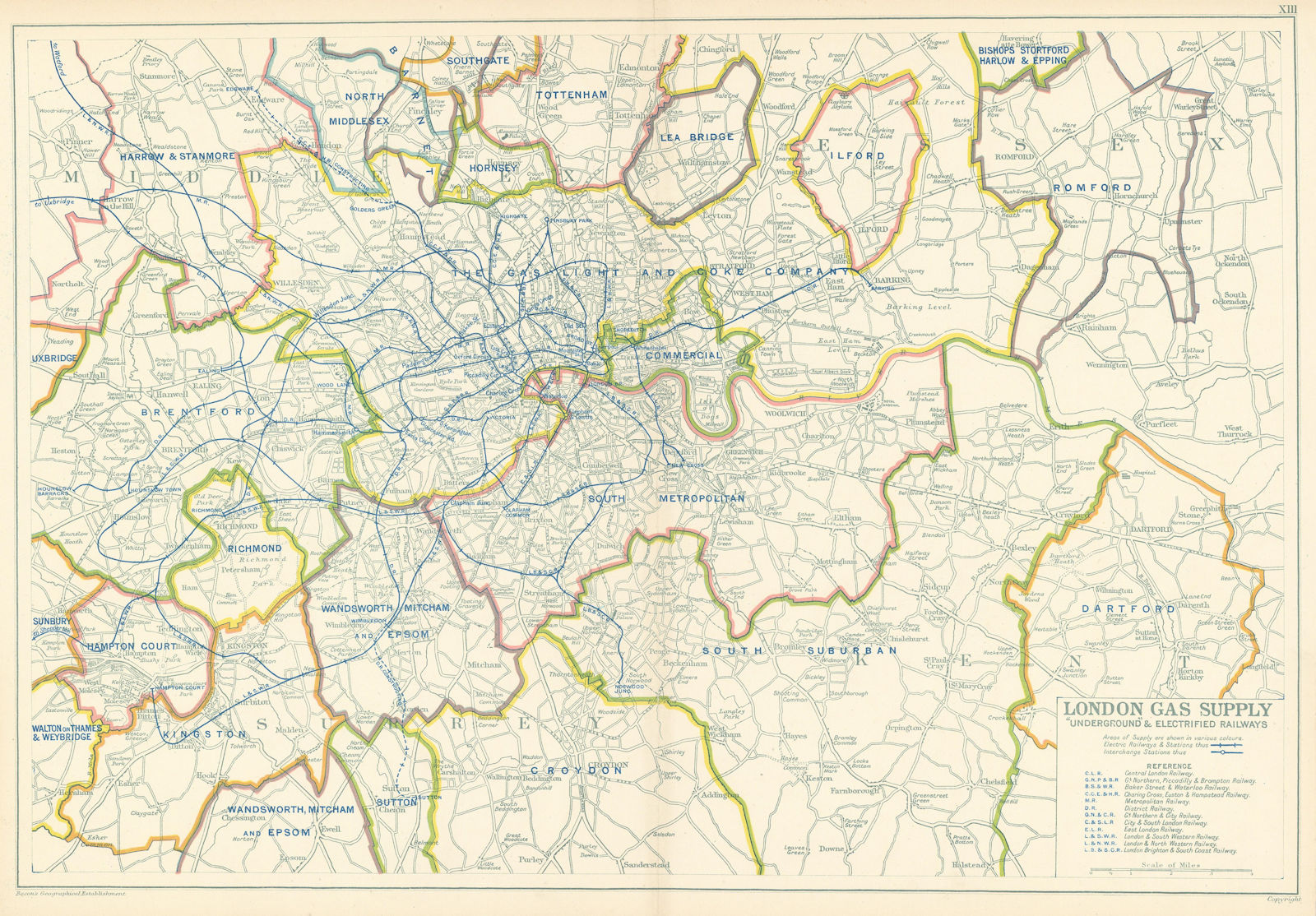 LONDON GAS SUPPLY areas + UNDERGROUND/Tube & electrified railways.BACON 1923 map