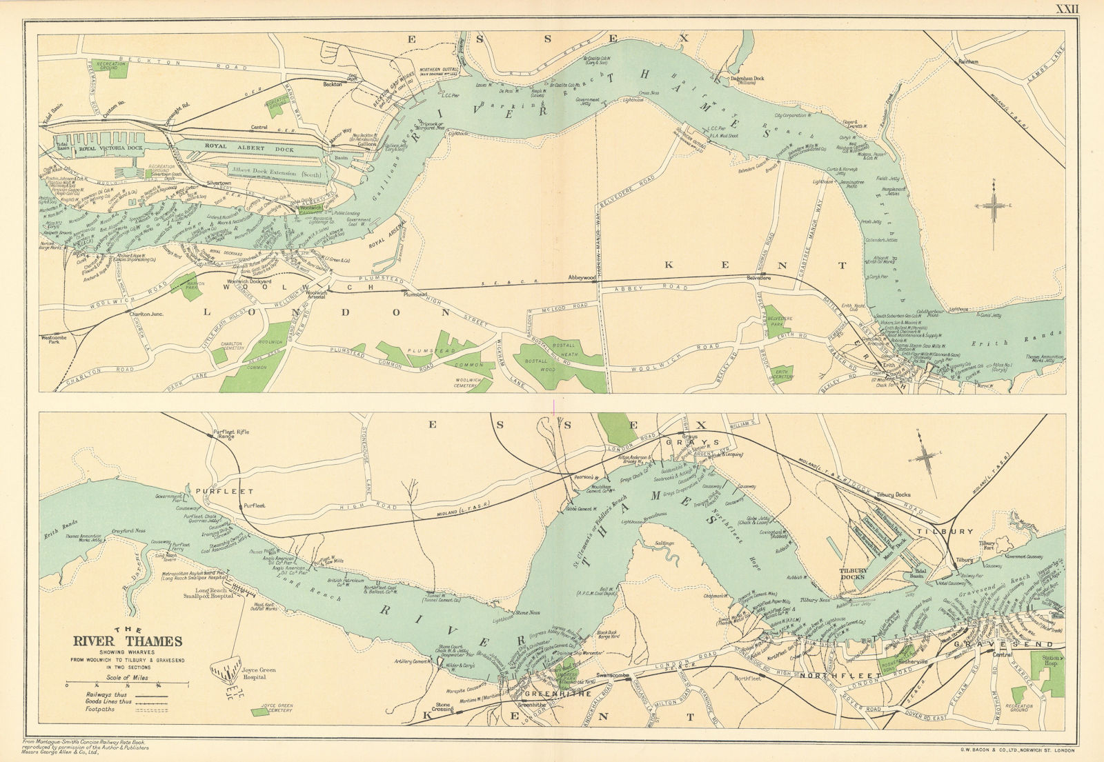 PORT OF LONDON. Wharves/docks. Thames Woolwich-Tilbury/Gravesend. BACON 1923 map