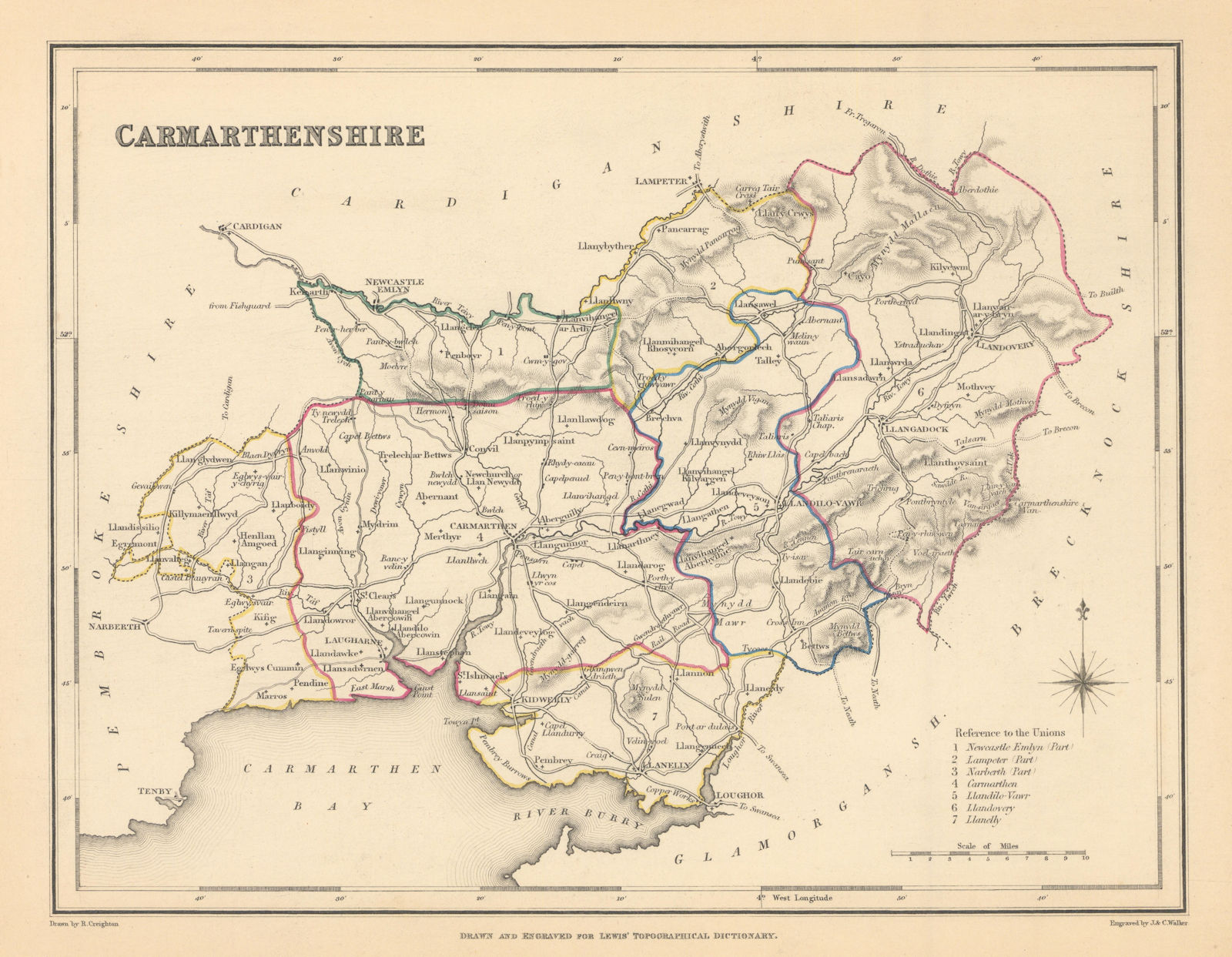 Associate Product Antique county map of CARMARTHENSHIRE by Creighton & Walker for Lewis c1840