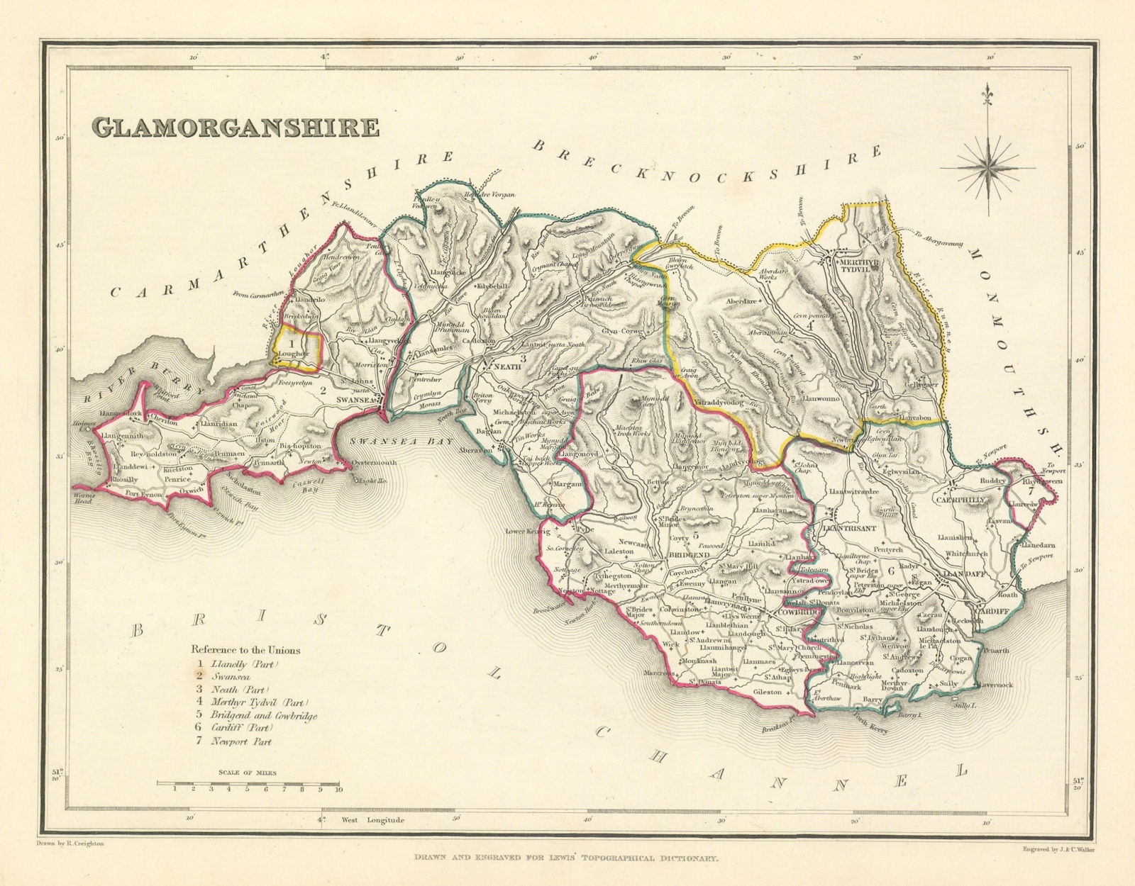 Antique county map of GLAMORGANSHIRE by Creighton & Walker for Lewis c1840