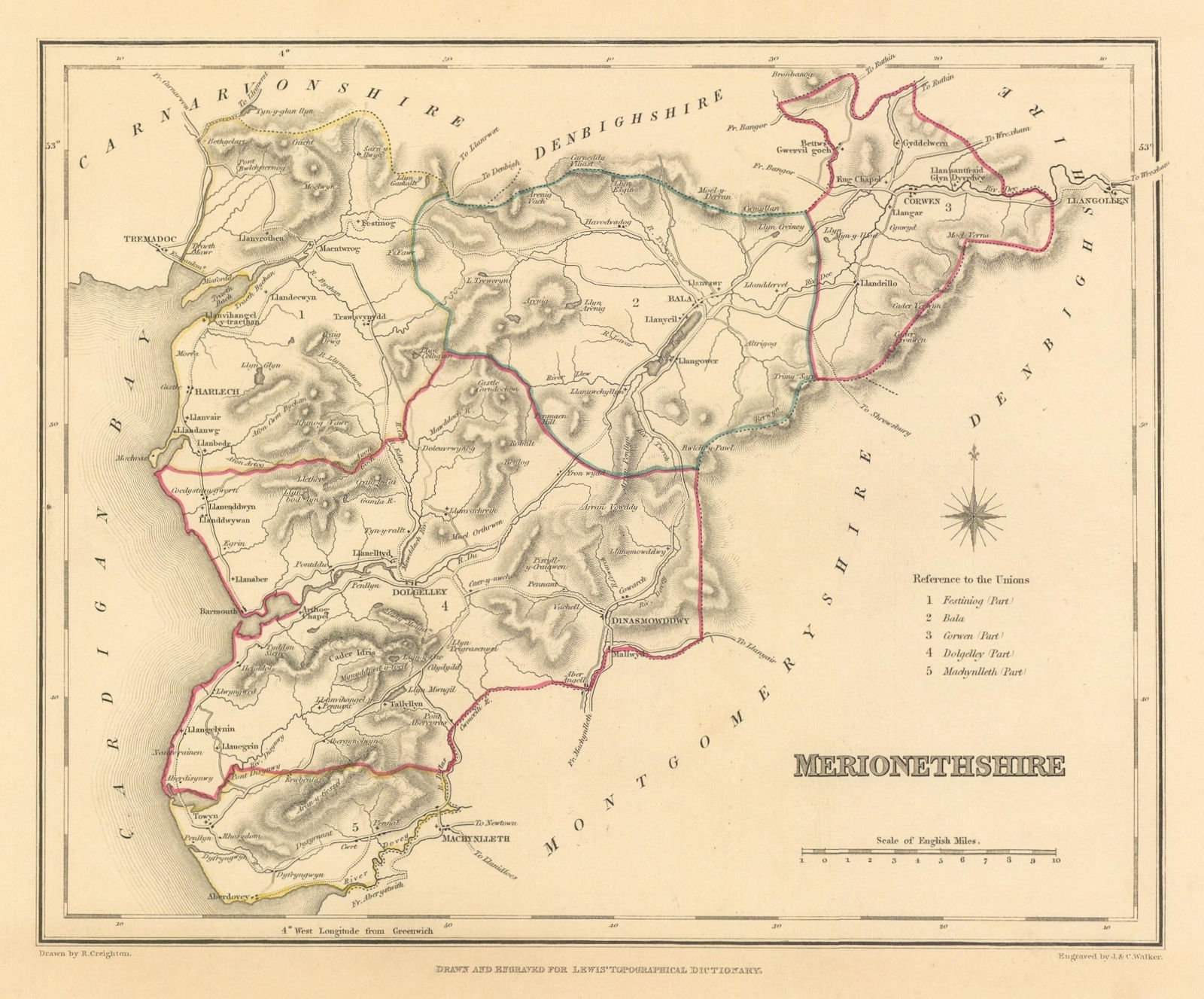 Antique county map of MERIONETHSHIRE by Creighton & Walker for Lewis c1840