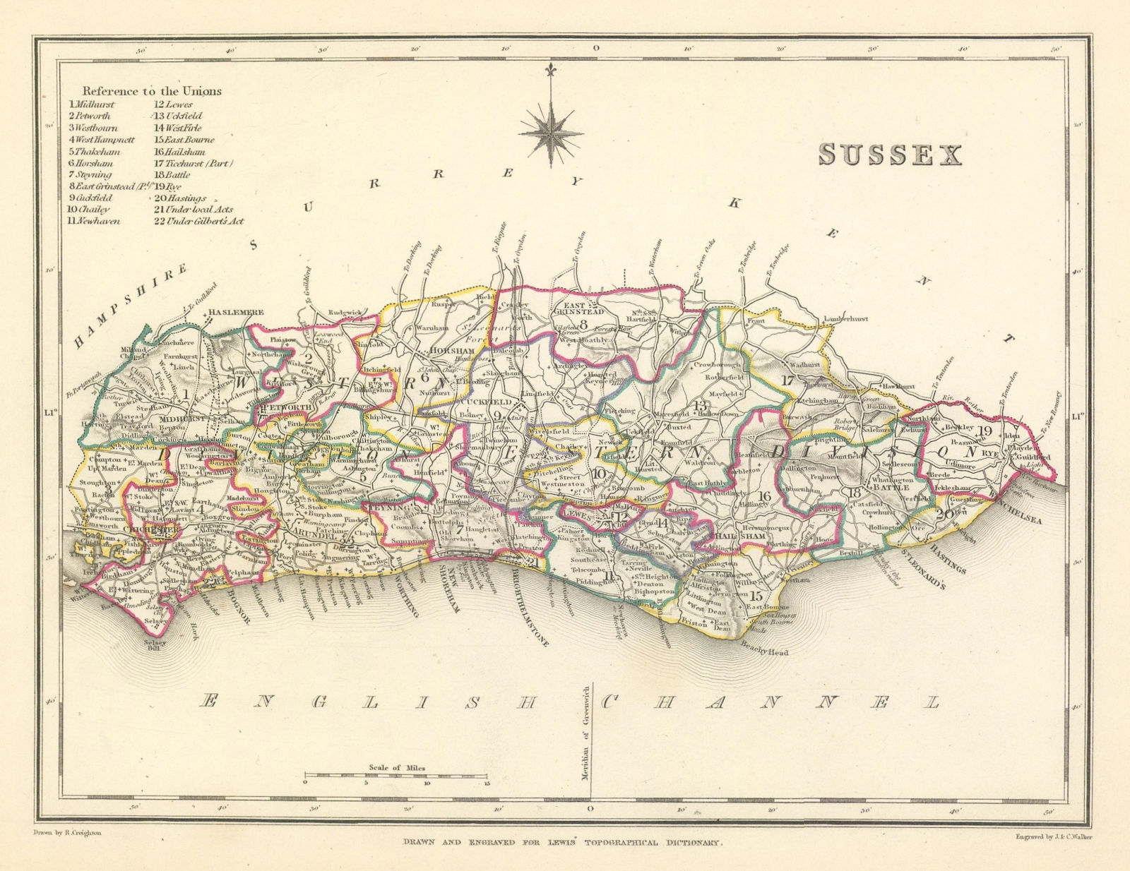 Associate Product Antique county map of SUSSEX by Creighton & Walker for Lewis c1840 old