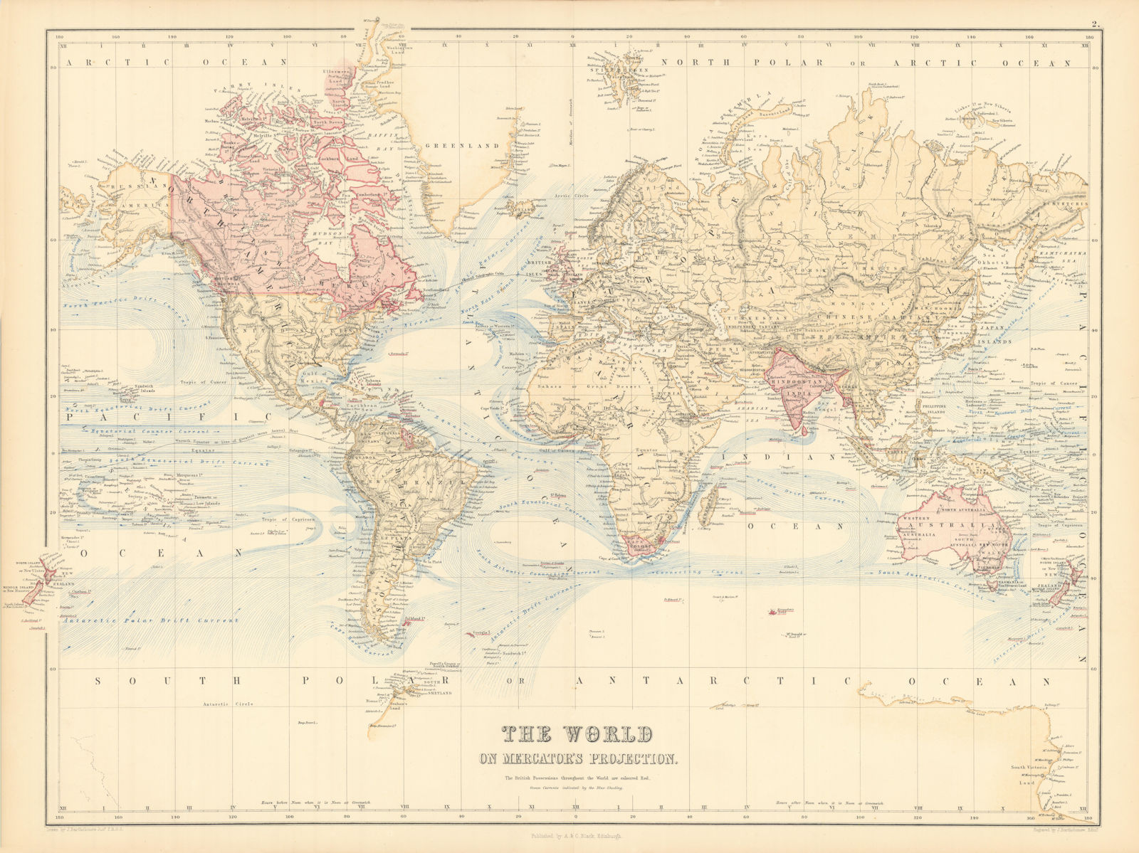 World on Mercator's Projection showing the British Empire. BARTHOLOMEW 1862 map