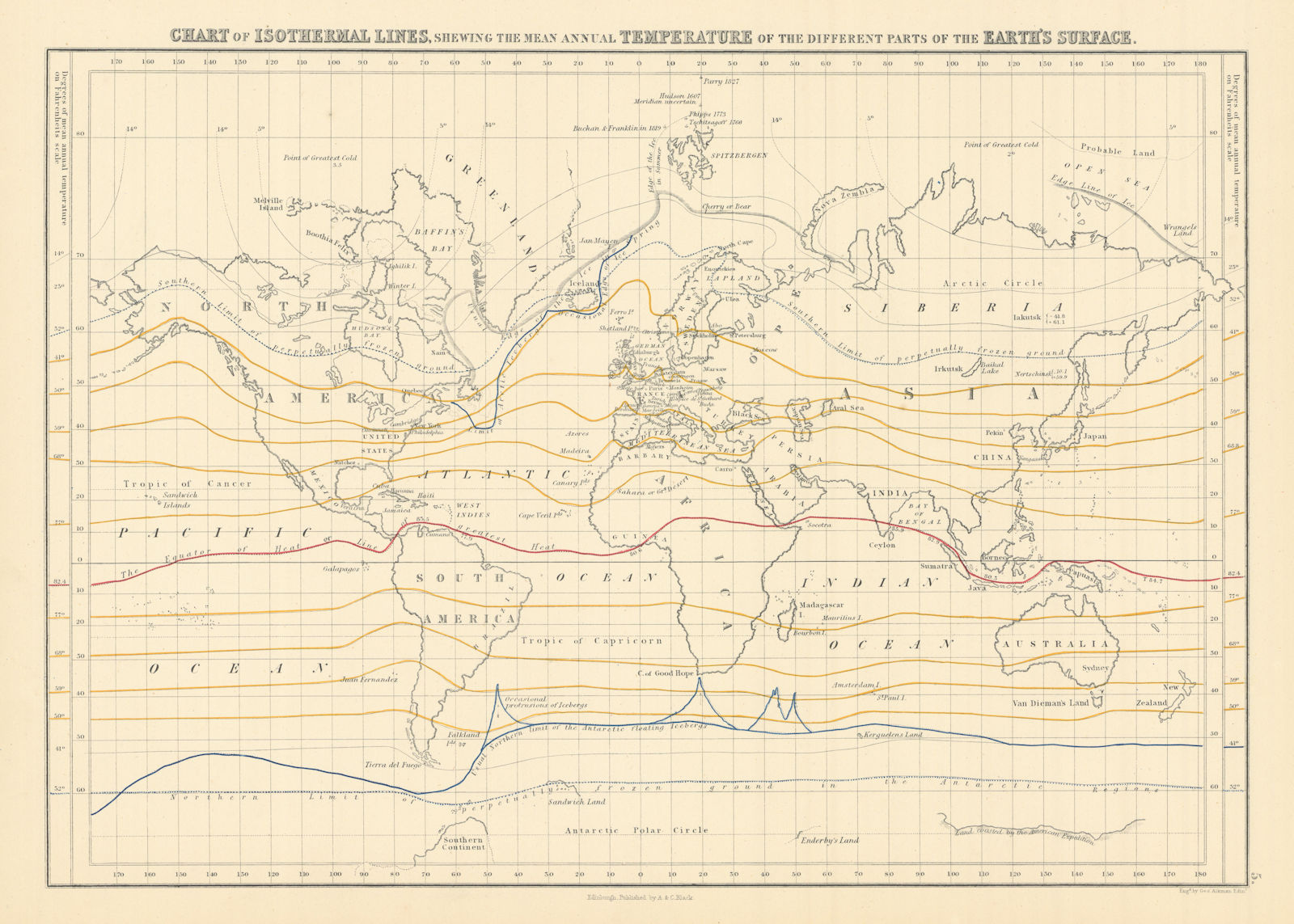 Associate Product World chart of isothermal lines. Mean annual temperature. GEORGE AIKMAN 1862 map