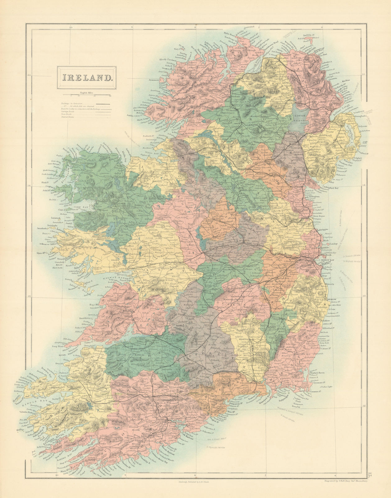 Ireland showing counties & railways by SIDNEY HALL 1862 old antique map chart