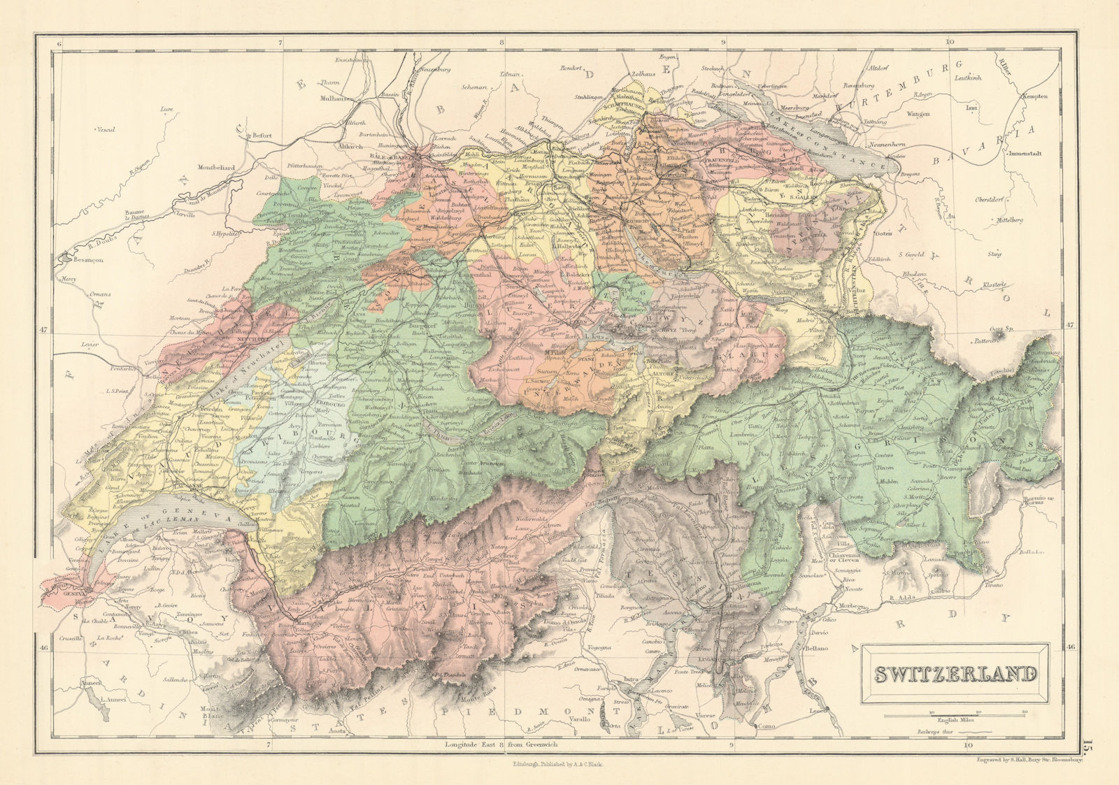 Switzerland showing cantons, rivers, roads & railways. SIDNEY HALL 1862 map
