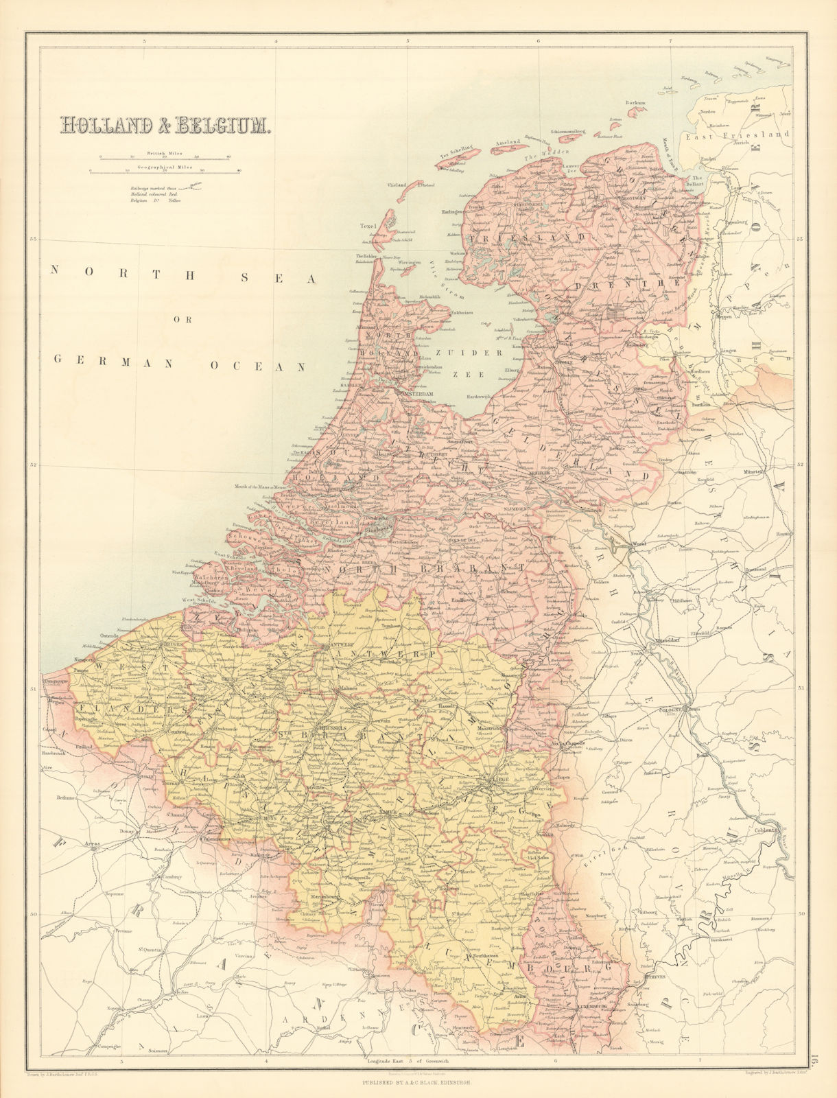 Associate Product Holland, Belgium & Luxembourg. Benelux. Railways. BARTHOLOMEW 1862 old map