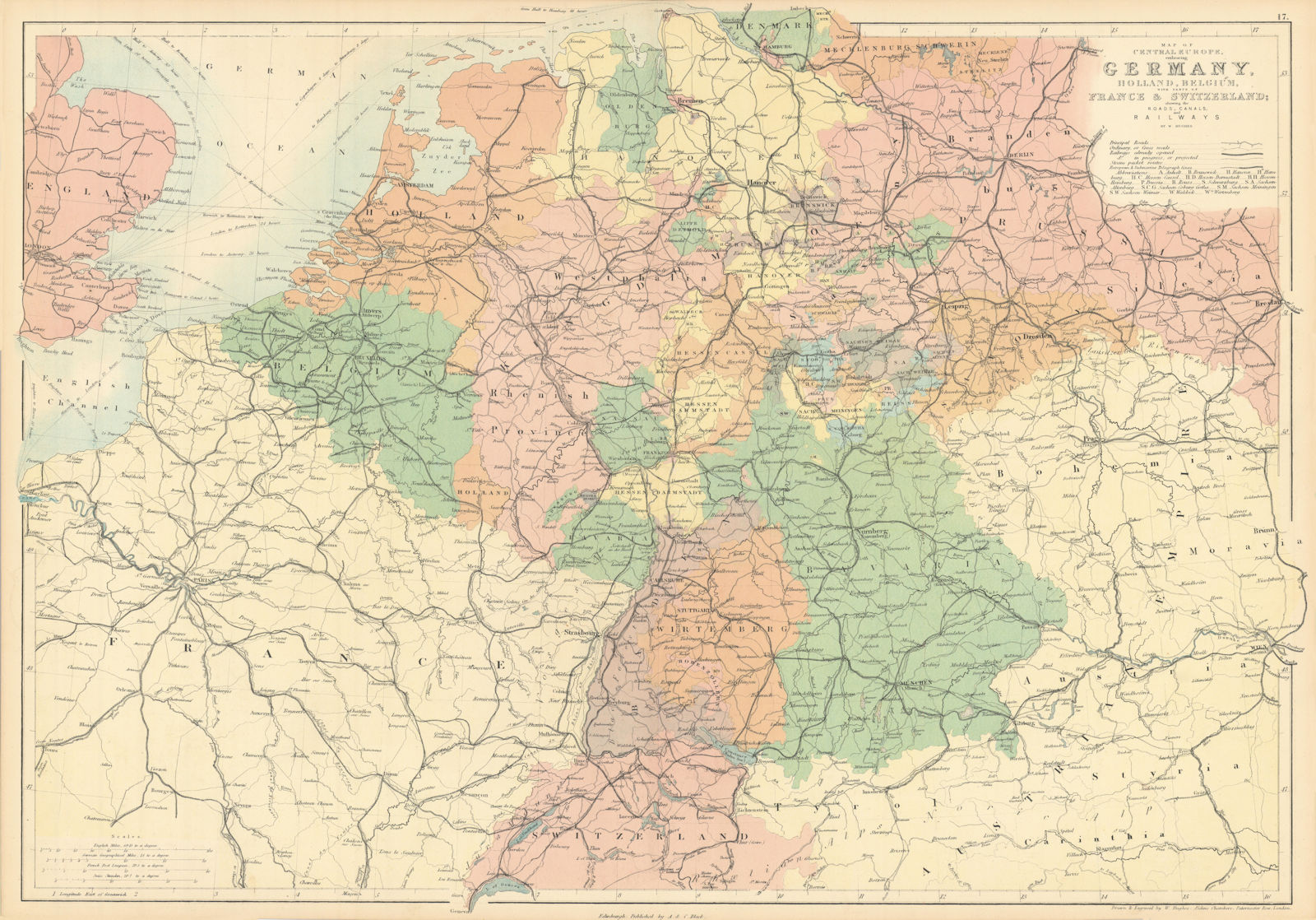 Associate Product Central Europe roads canals railways Germany, Holland & Belgium. HUGHES 1862 map