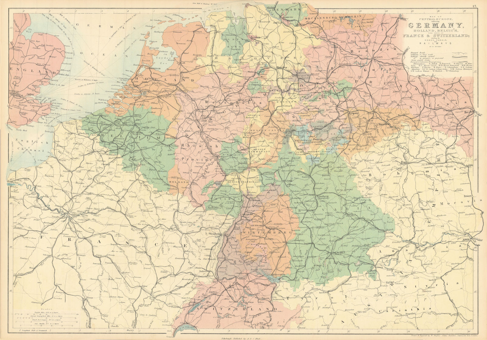 Central Europe roads canals railways Germany, Holland & Belgium. HUGHES 1862 map