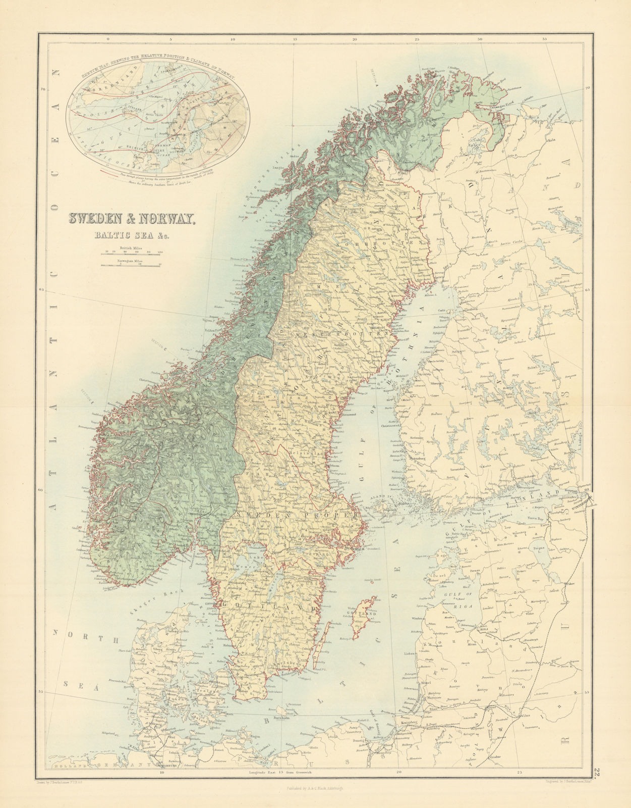 Sweden, Norway & the Baltic Sea. Scandinavia. BARTHOLOMEW 1862 old antique map