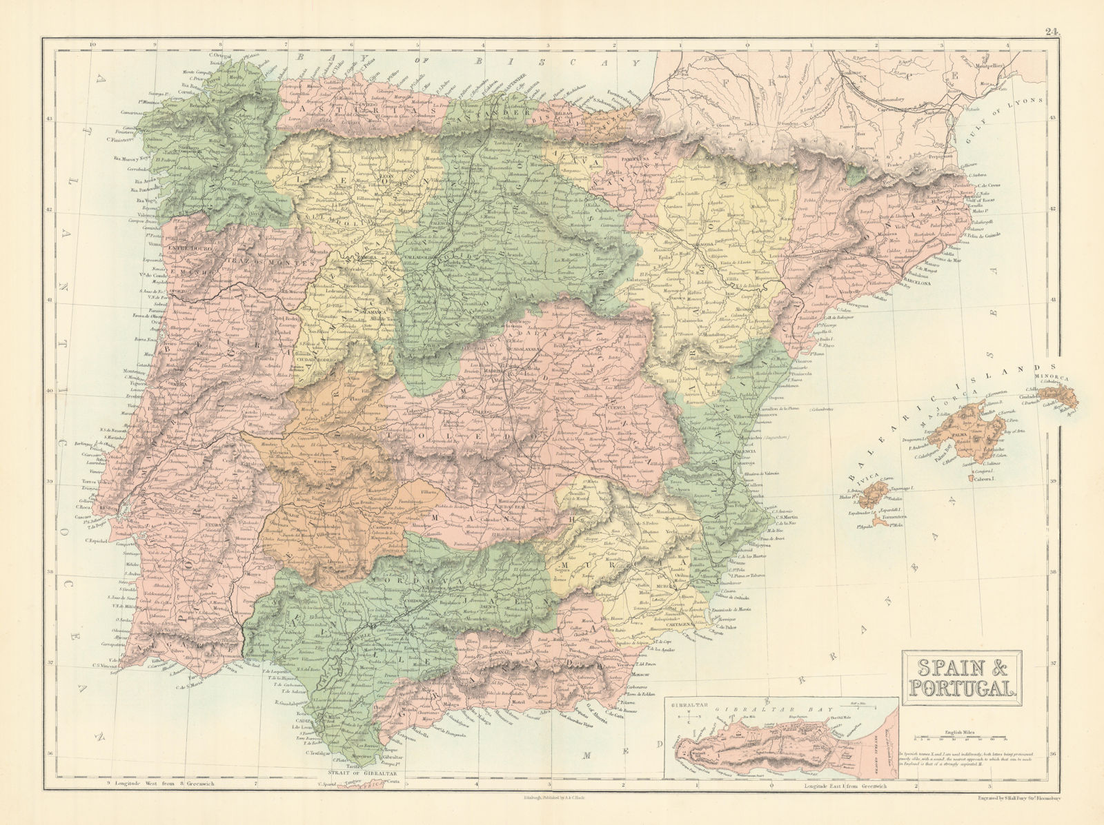Spain & Portugal. Inset Gibraltar. Iberia. Railways. SIDNEY HALL 1862 old map