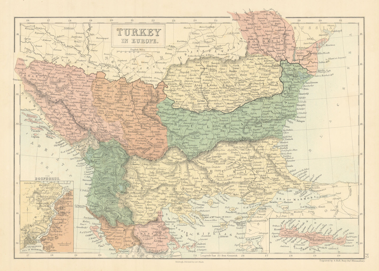 Turkey in Europe. Inset the Bosphorus. Balkans. SIDNEY HALL 1862 old map