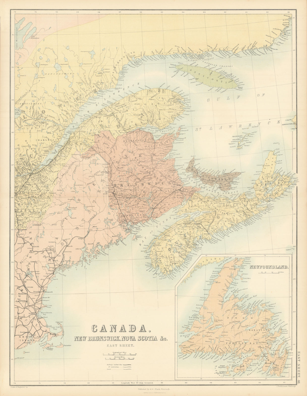 Canada East Sheet. Maritimes. St Lawrence NB Nova Scotia Newfoundland 1862 map