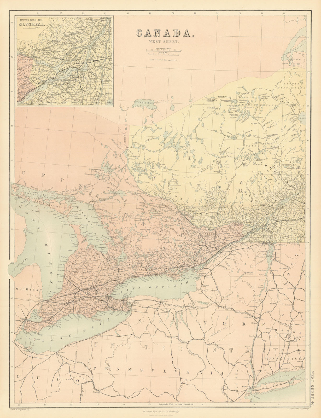 Associate Product Canada West Sheet. Quebec. Montreal environs. Lakes Huron Erie Ontario 1862 map