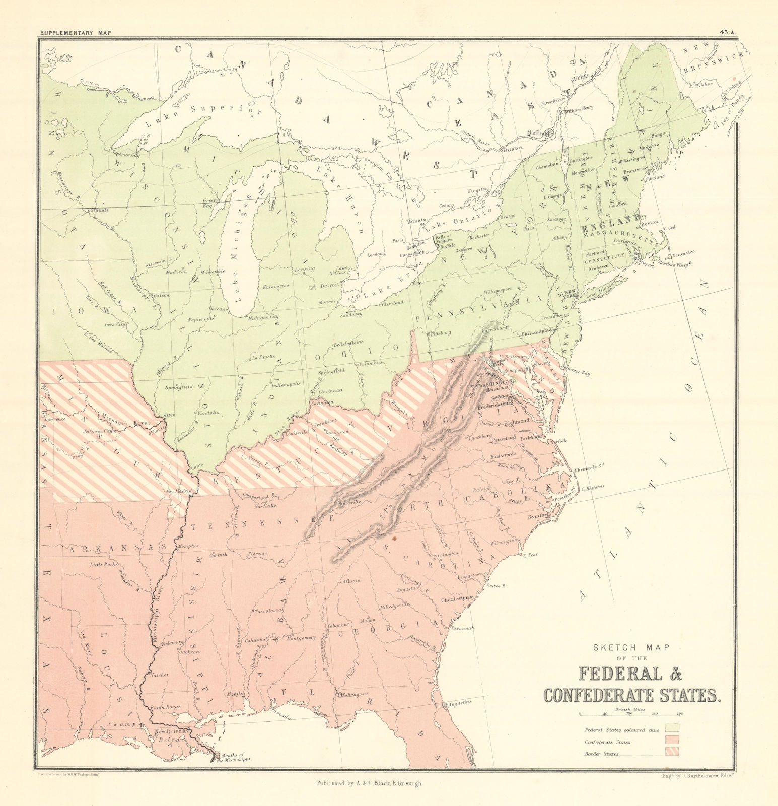 US Civil War. Sketch Map of the Federal & Confederate States. BARTHOLOMEW 1862