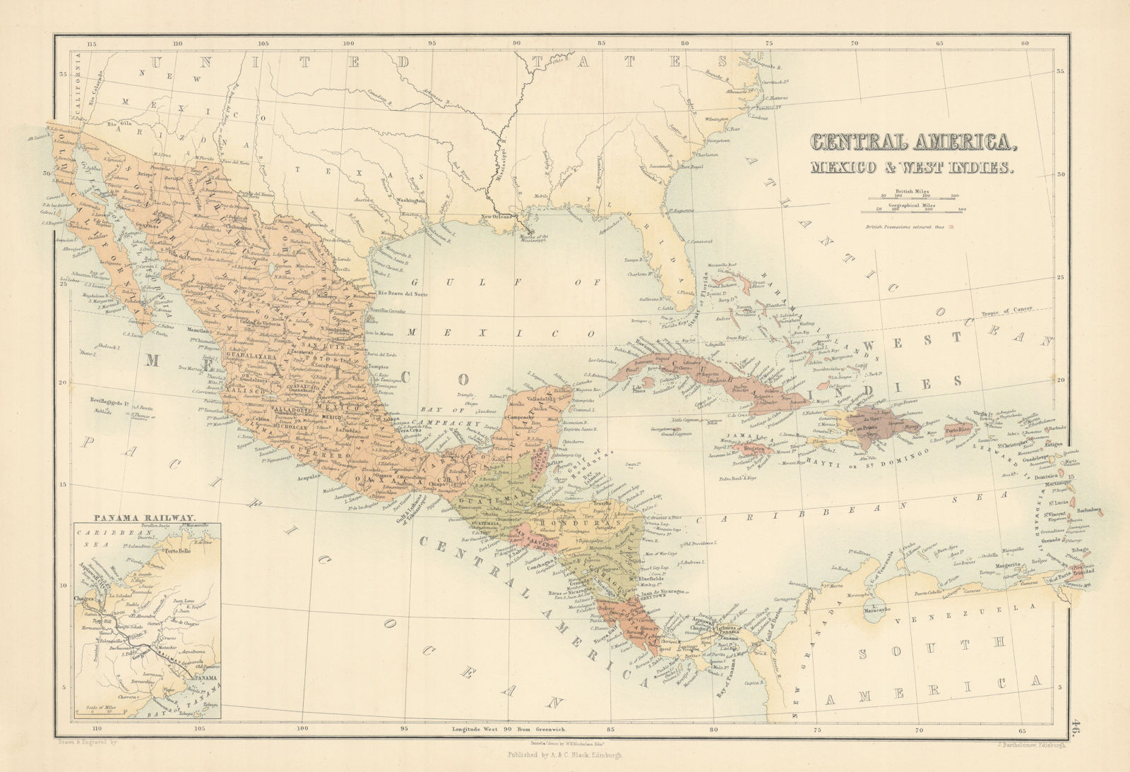 Central America, Mexico & West Indies. Panama Railway. BARTHOLOMEW 1862 map