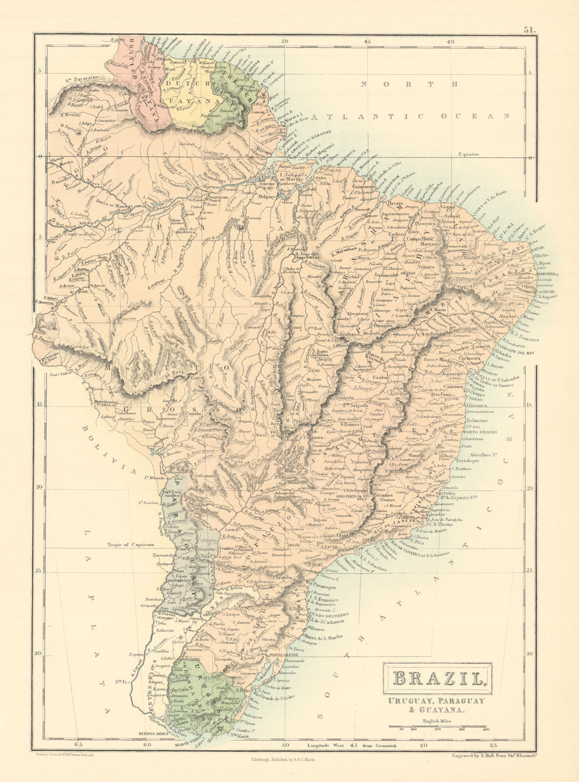 Brazil, Uruguay, Paraguay & Guayana. Guyanas. BARTHOLOMEW 1862 old antique map