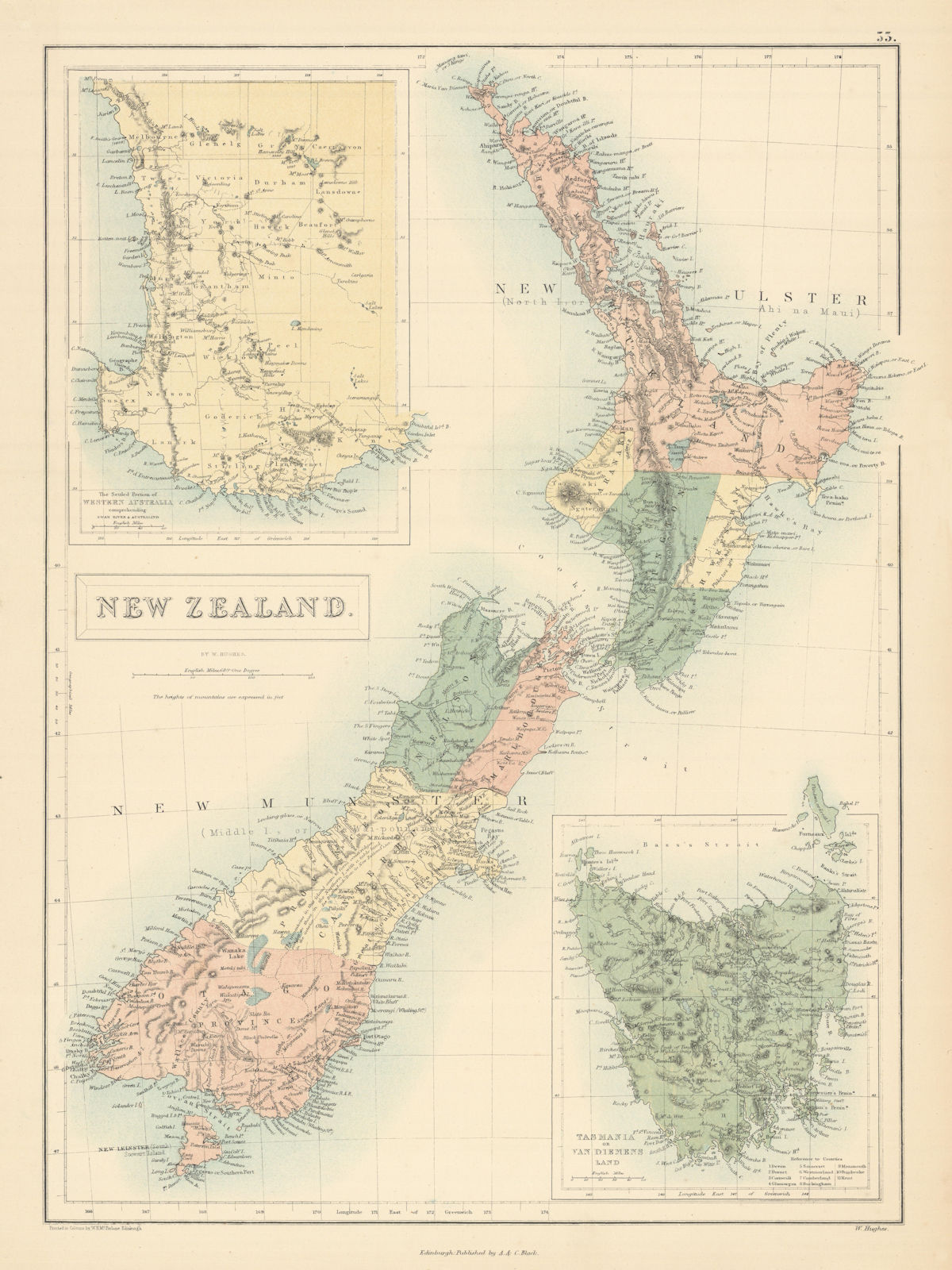 New Zealand. New Ulster & New Munster. North & South Islands. HUGHES 1862 map