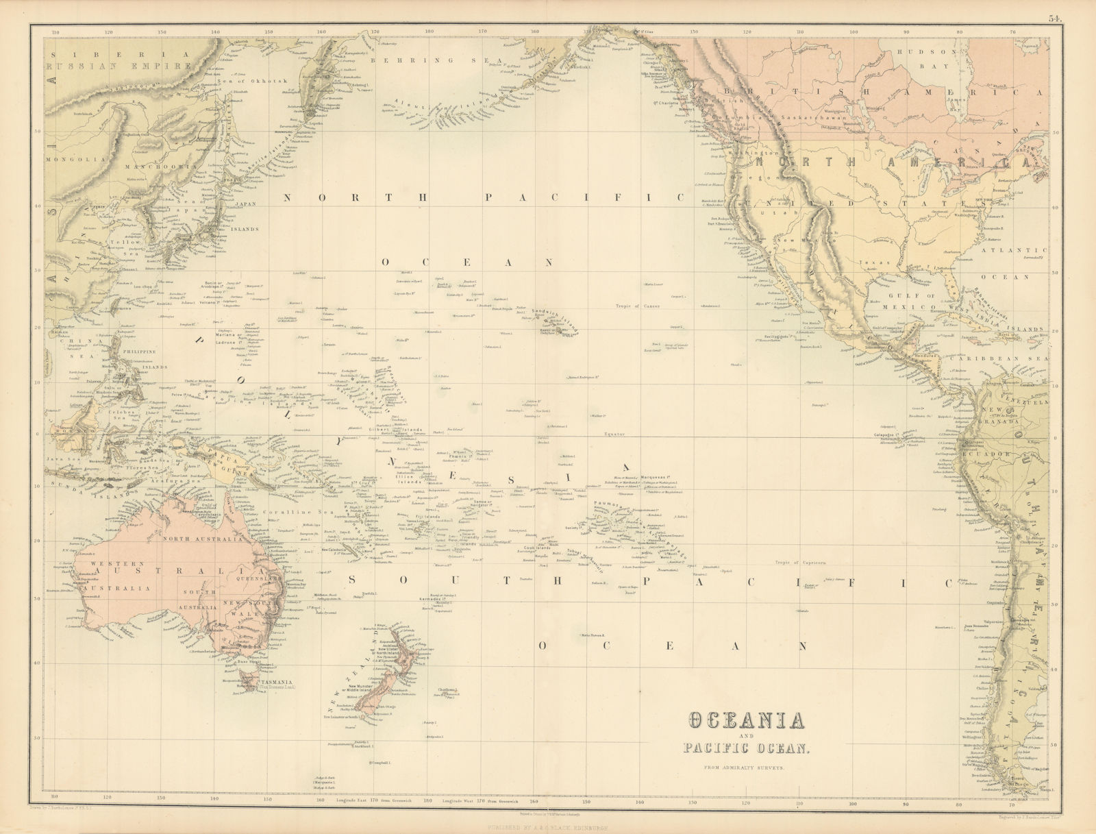 Oceania & Pacific Ocean. Australasia Polynesia Australia. BARTHOLOMEW 1862 map