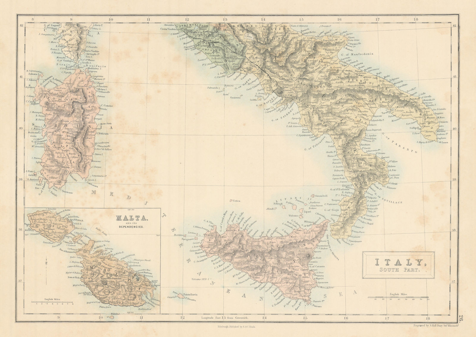 Italy, south part. Inset Malta. Sardinia Sicily. SIDNEY HALL 1862 old map