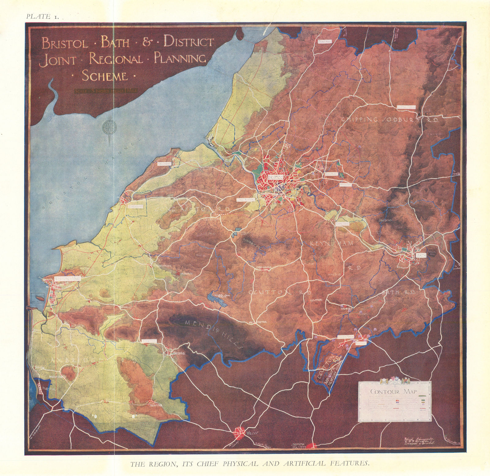 Bristol & Bath Regional Planning Scheme. Contour map. ABERCROMBIE 1930 old
