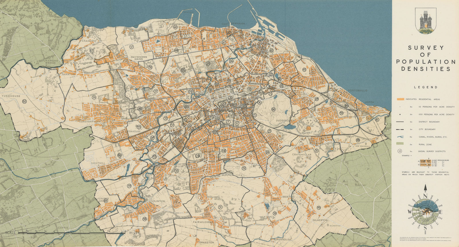 EDINBURGH. Survey of Population Densities. PATRICK ABERCROMBIE 1949 old map