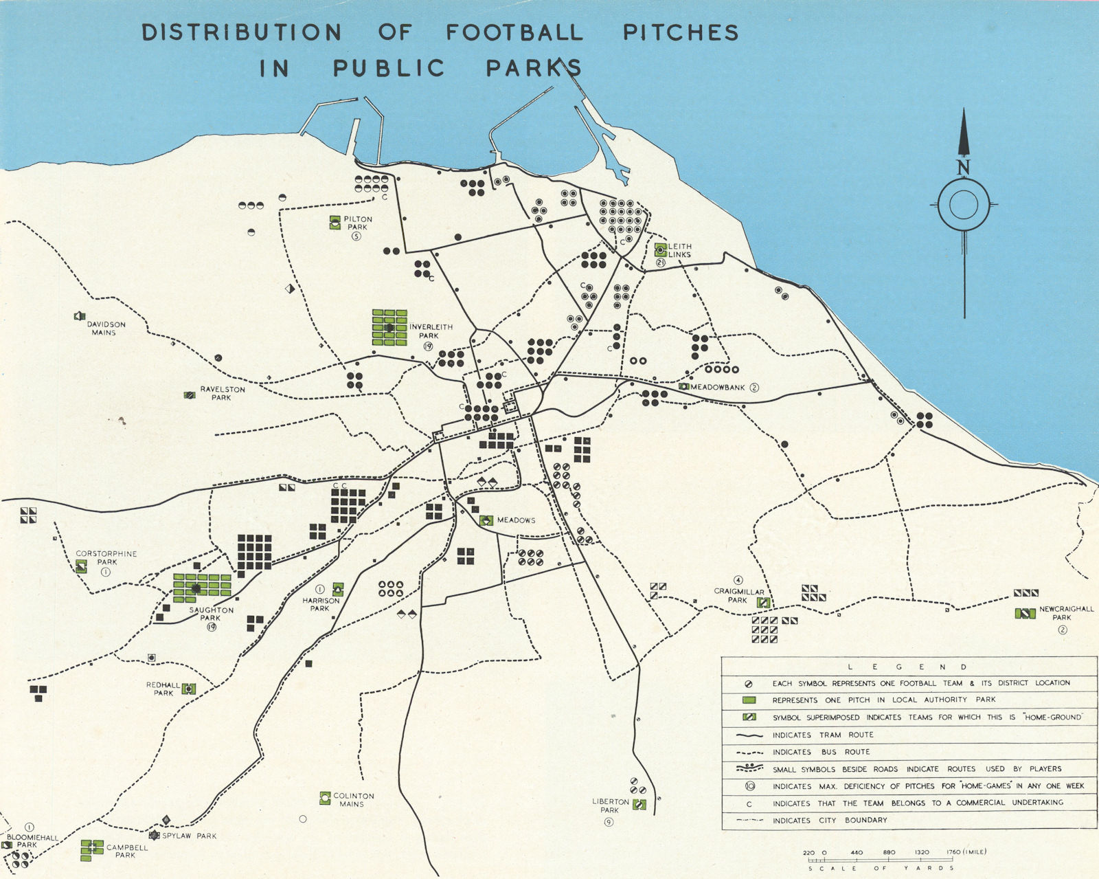 EDINBURGH. Distribution of Football Pitches in Public Parks ABERCROMBIE 1949 map