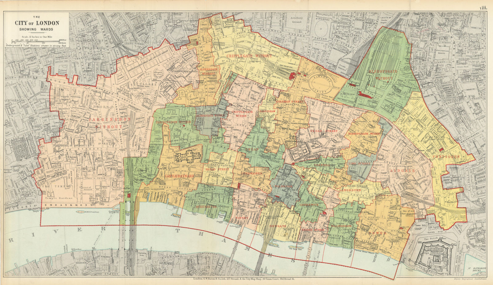 CITY OF LONDON showing WARDS. Churches & public buildings plans. BACON 1913 map