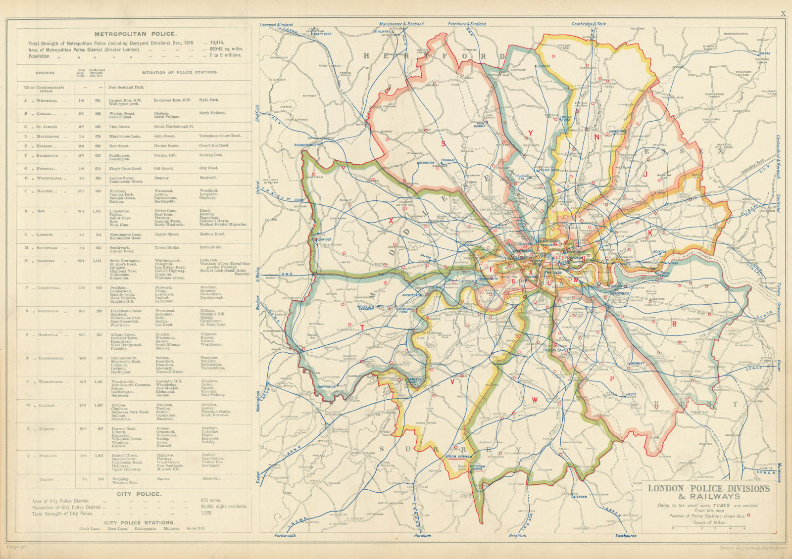 LONDON POLICE DIVISIONS & RAILWAYS showing Police stations. BACON 1913 old map