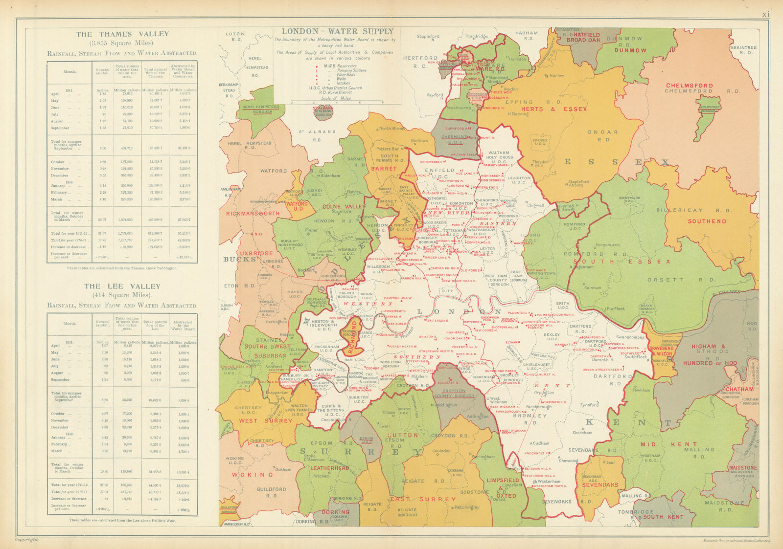 Associate Product LONDON WATER SUPPLY. Metropolitan Water Board. Reservoirs Pumping Stns 1913 map