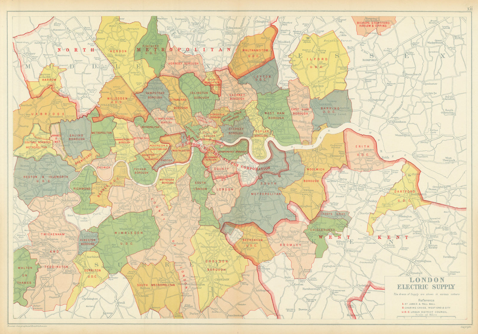 LONDON ELECTRICITY SUPPLY areas. Corporation. Metropolitan. BACON 1913 old map