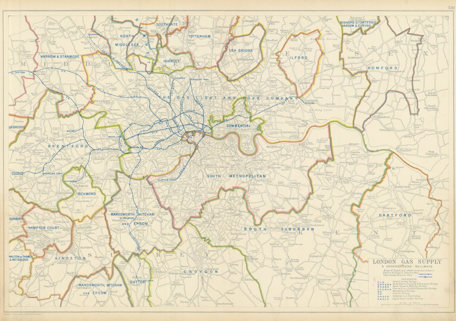 LONDON GAS SUPPLY areas + UNDERGROUND/Tube & electrified railways.BACON 1913 map