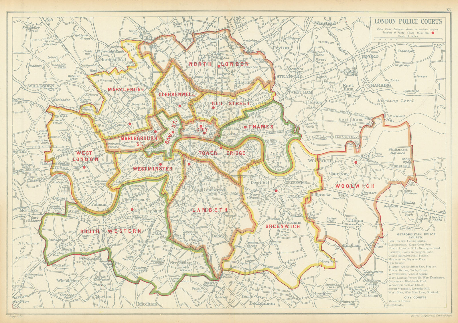 LONDON POLICE COURTS. Showing divisions & court locations. BACON 1913 old map