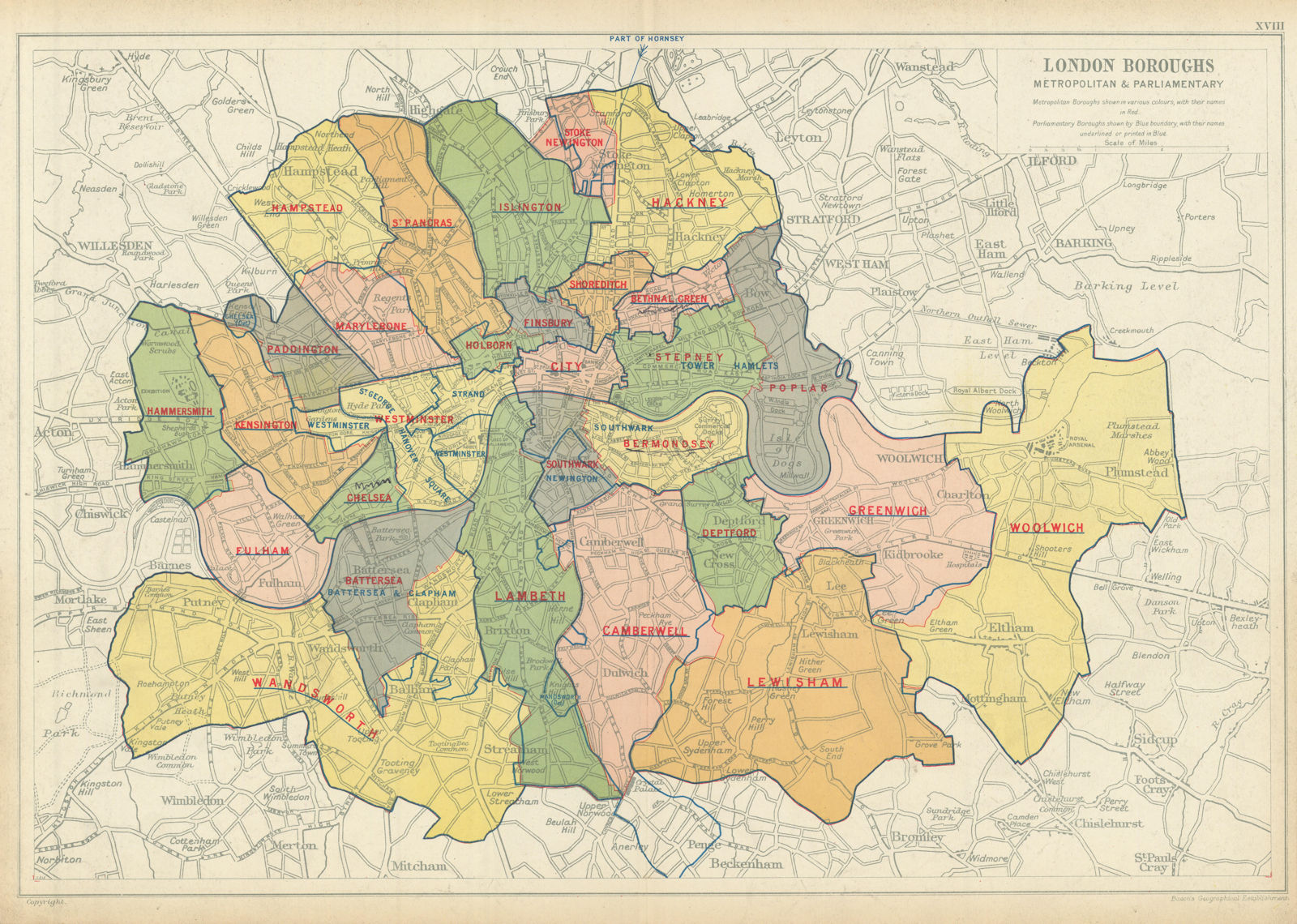 LONDON BOROUGHS. Metropolitan & Parliamentary. Constituencies. BACON 1913 map