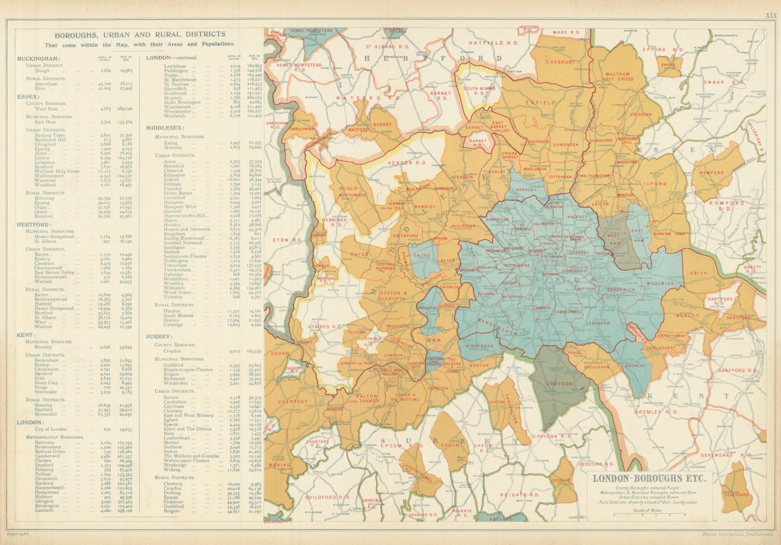 LONDON showing Municipal Boroughs, Urban Districts & Rural areas. BACON 1913 map
