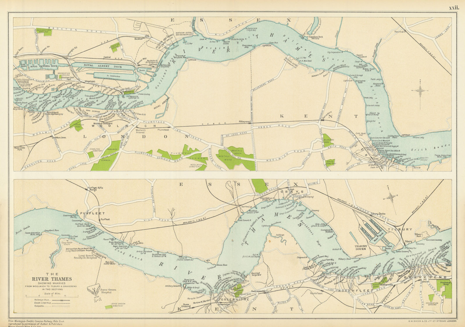 PORT OF LONDON. Wharves/docks. Thames Woolwich-Tilbury/Gravesend. BACON 1913 map