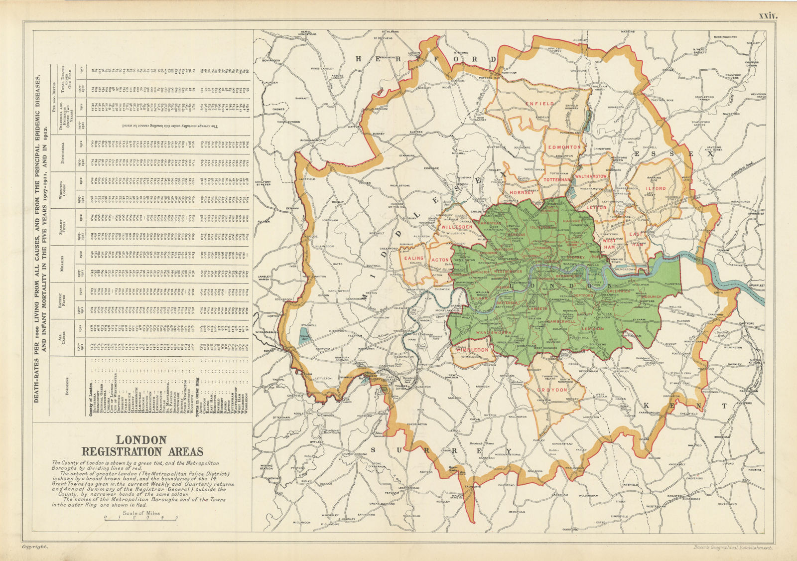 LONDON POPULATION, BIRTHS & DEATHS for 1907-1912. BACON 1913 old antique map