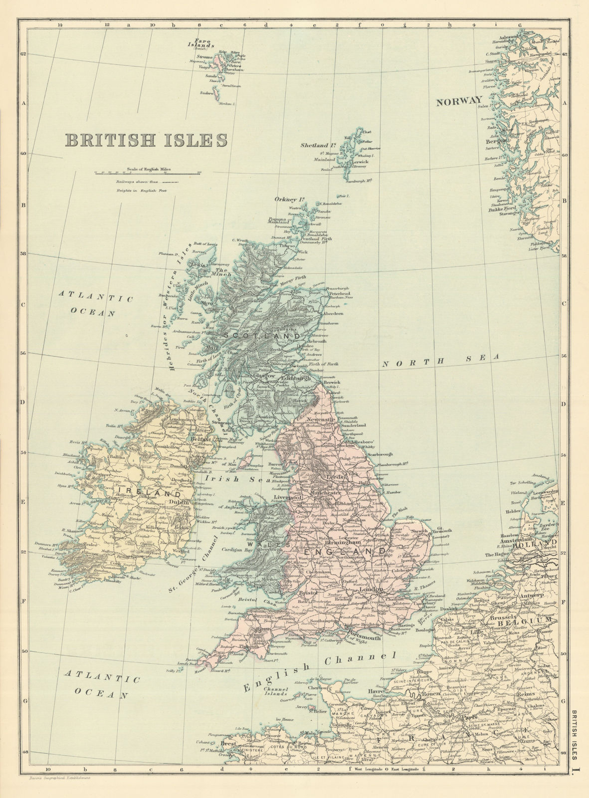 BRITISH ISLES England Ireland Scotland Wales North Sea antique map GW BACON 1891