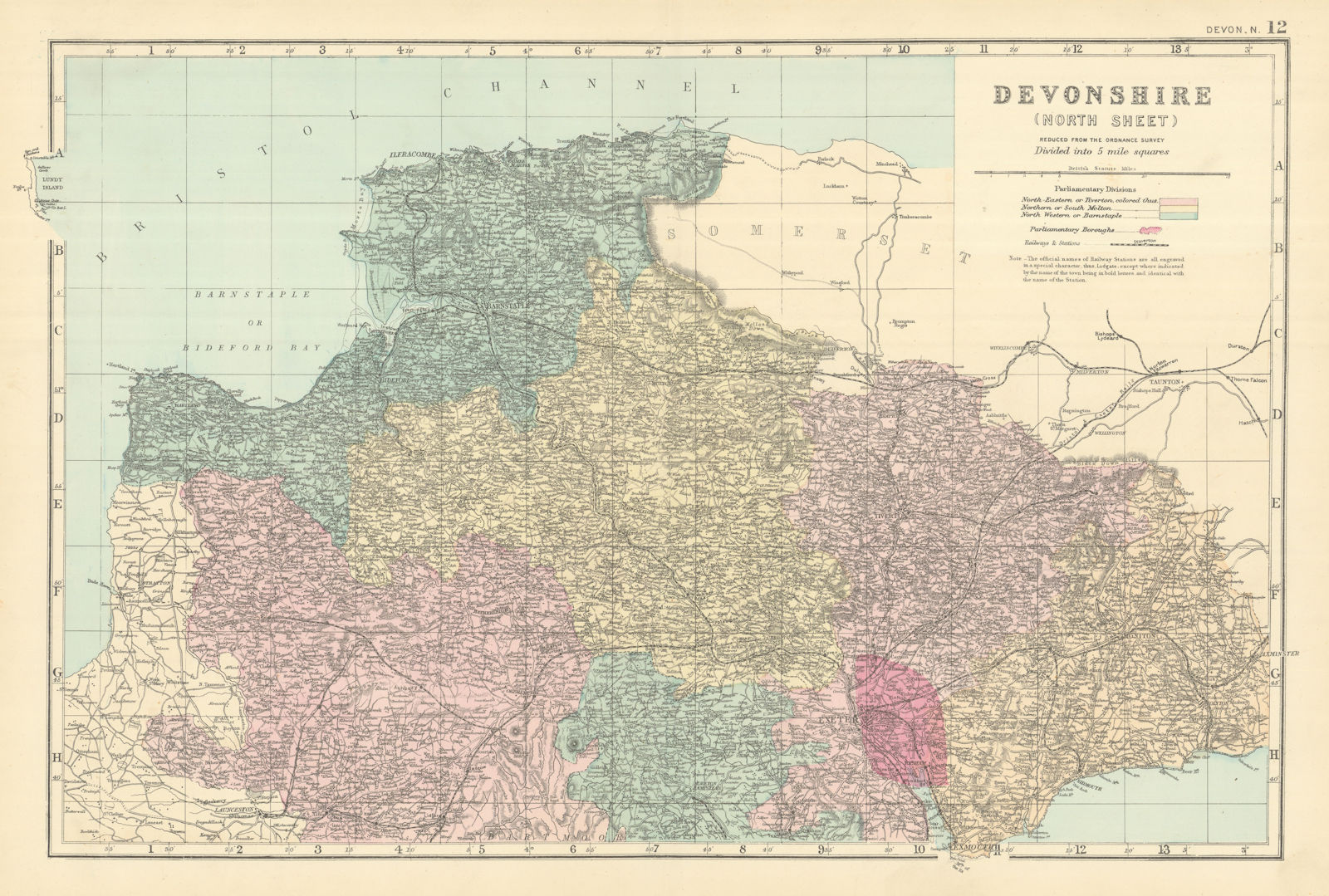 DEVON (North) antique county map by GW BACON 1891 old plan chart