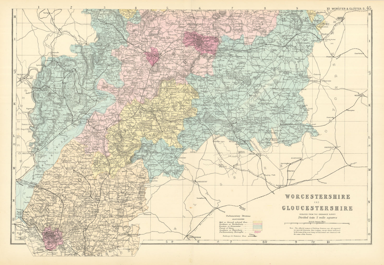 Associate Product WORCESTERSHIRE & GLOUCESTERSHIRE (South) antique county map by GW BACON 1891